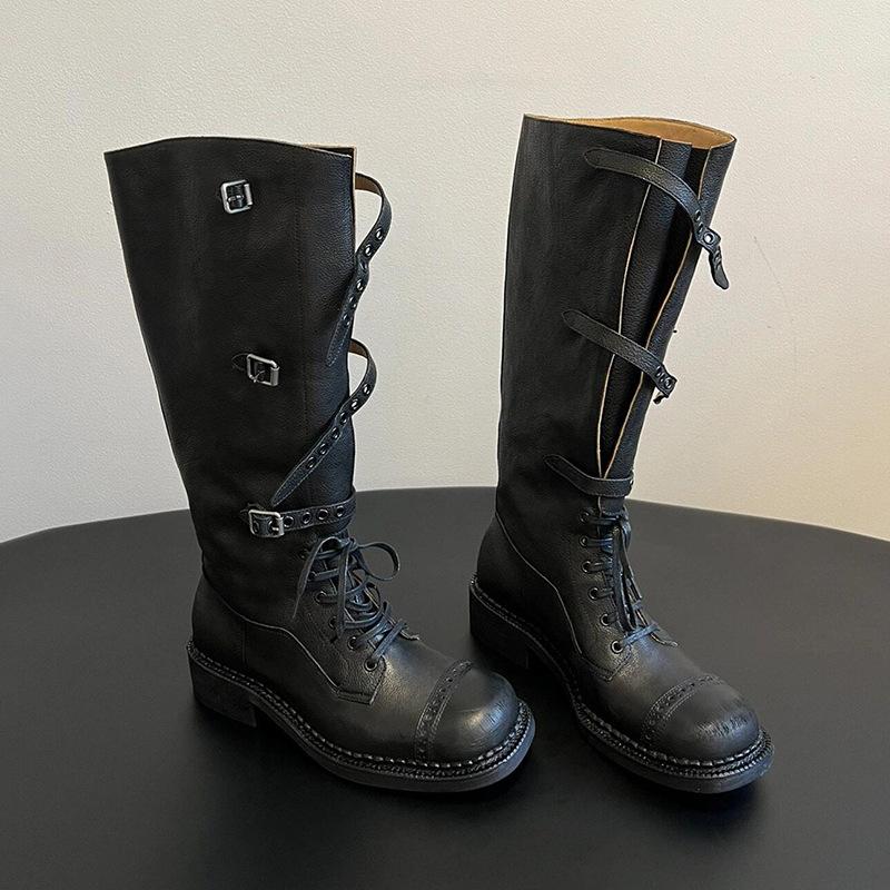 Vintage Strap-on Western Cowboy Boots Thick Heel Buckle Do Old Leather Merard Tall Knight Martin Boots Children