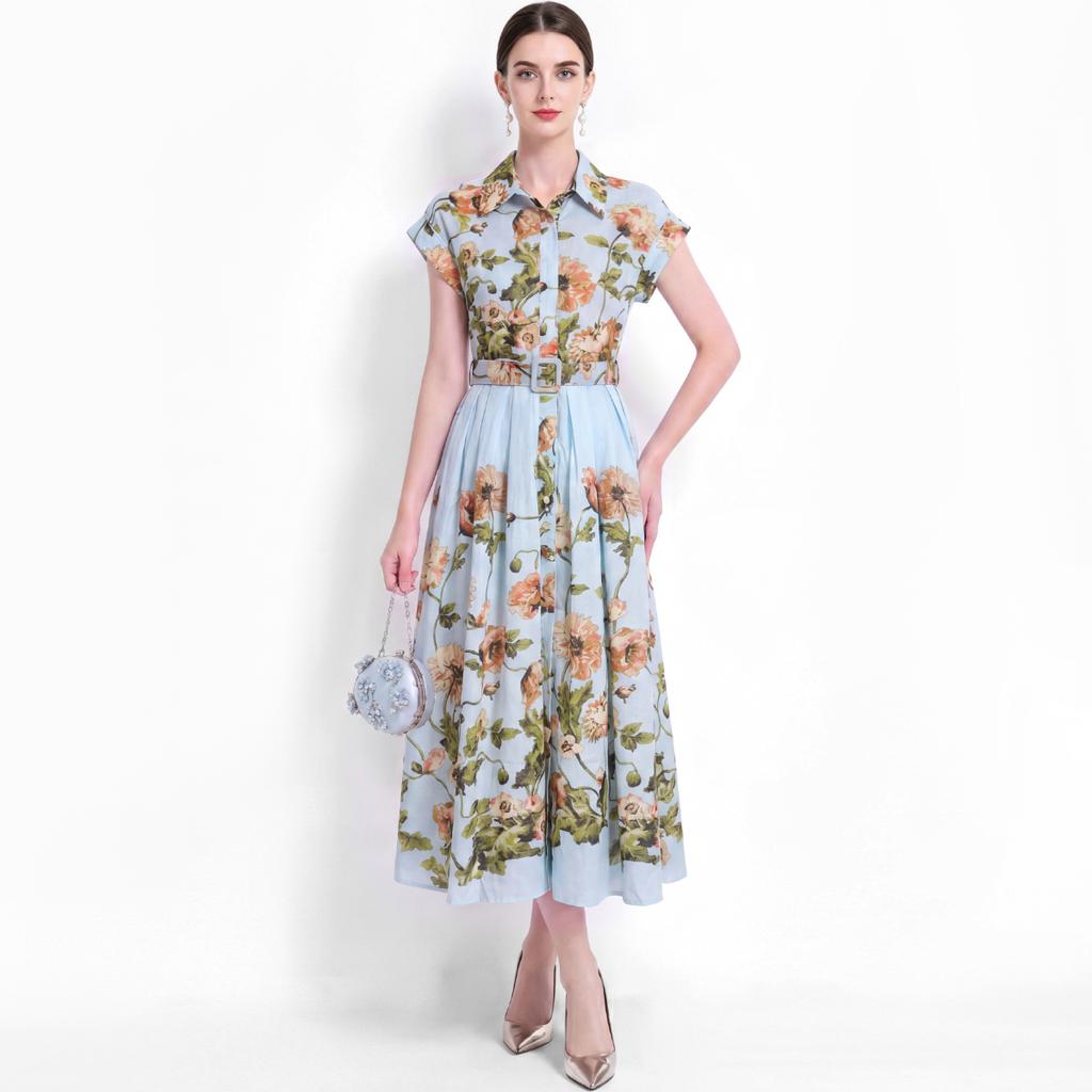 Elegant Floral Print Midi Shirt Dress for Women Summer Cap Sleeve Lapel Button Down Waist Belt A-Line Dress Holiday Outfits