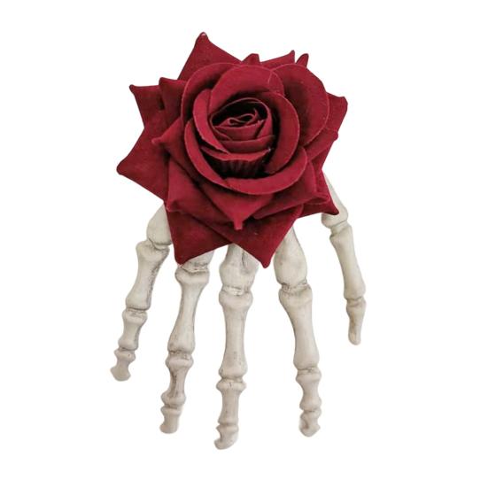 Skeleton Hand Hair Clip Gothic Barrette with Faux Roses Punk Style Hair Accessories for Halloween Themed Party Dress-up