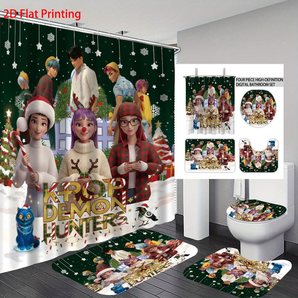 4Pcs Christmas K-Pop Demon Hunters Print Bathroom Set 180X180 Waterproof Shower Curtain Floor Mat, U-Shaped Mat, Toilet Seat Mat