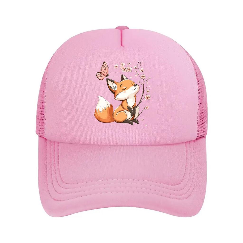 Little Fox Admiring Flowers Mesh Baseball Cap Casual Hat Outdoor For Womens Unisex FeUnisex