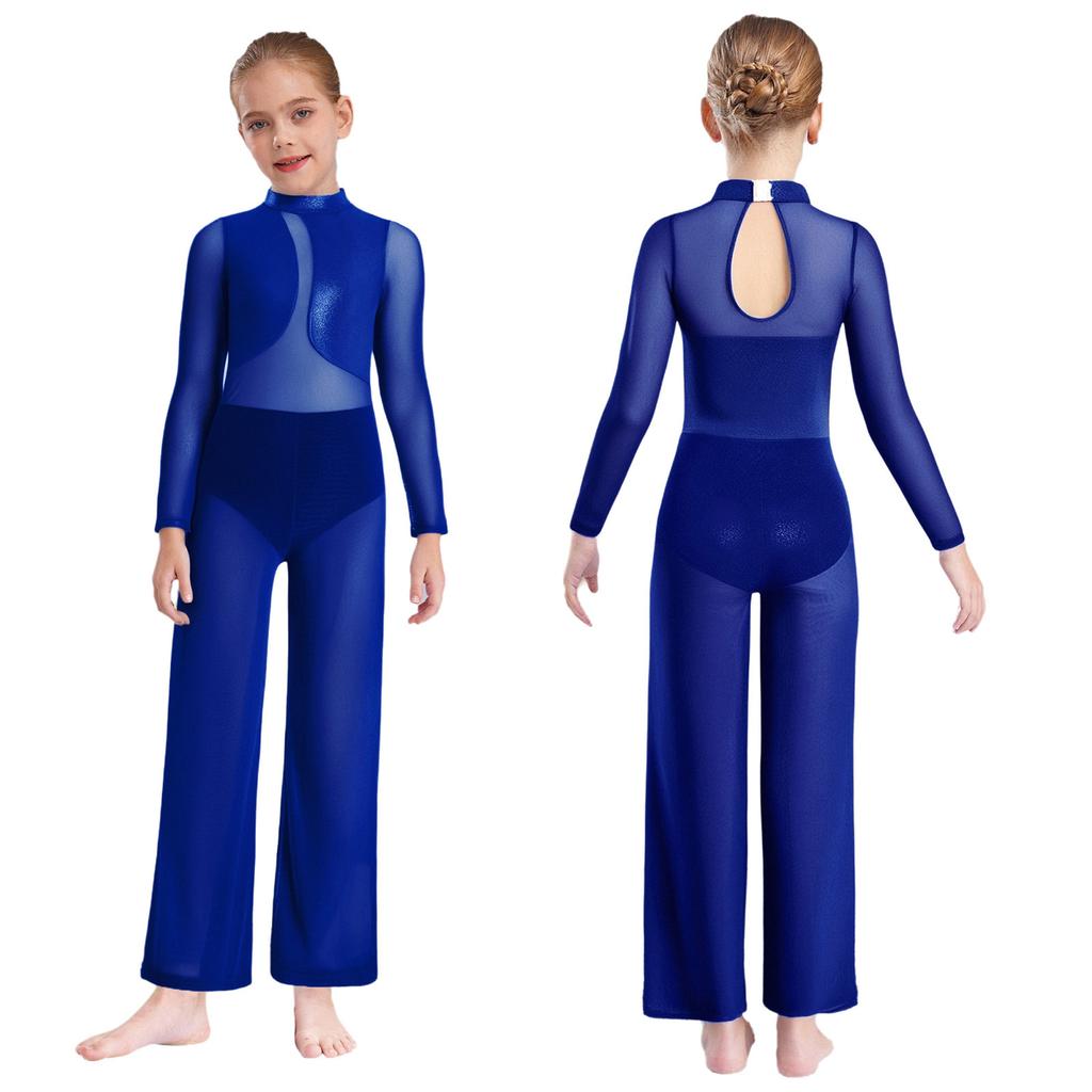 Transparenter Netz-Jumpsuit mit weitem Bein und Metallic-Effekt für Mädchen: Langarm Ganzkörper-Trikot mit Schlüsselloch-Rücken für Gymnastik und Bühnenauftritte