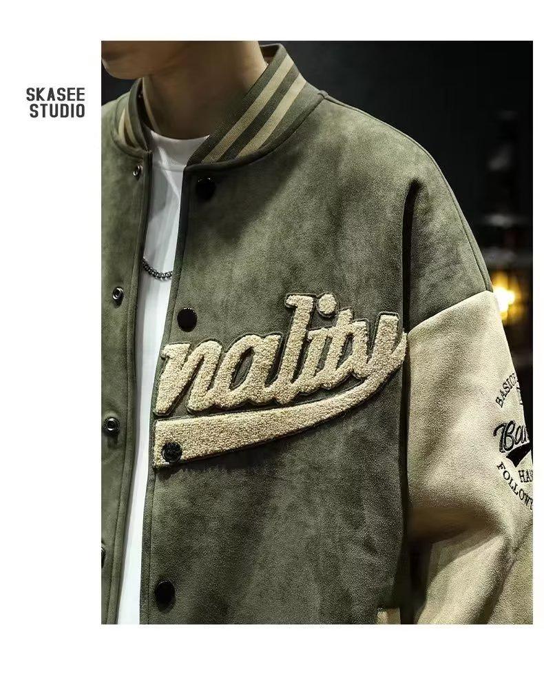 Men's Suede Embroidered Retro Bomber Jacket - Spring/Autumn
