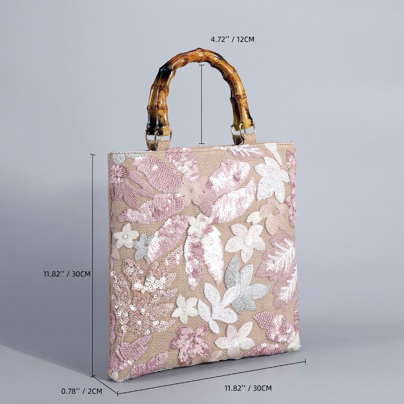 Women's Retro Tote Bag Vintage Pink Embroidery Sequin Bamboo Handle Handbag Elegant Fashion Bag Daily Commute Shopping Travel Bag