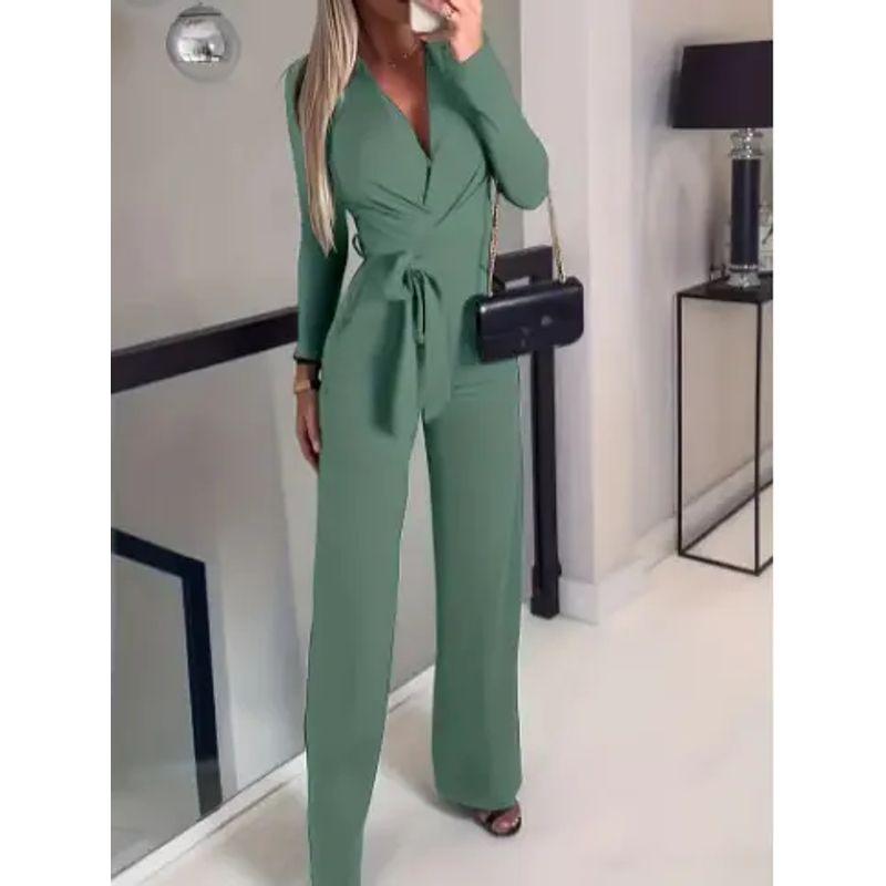 European and American Women's Trousers Set Solid Jumpsuit Solid V-neck Temperament Jumpsuit V-neck Jumpsuit