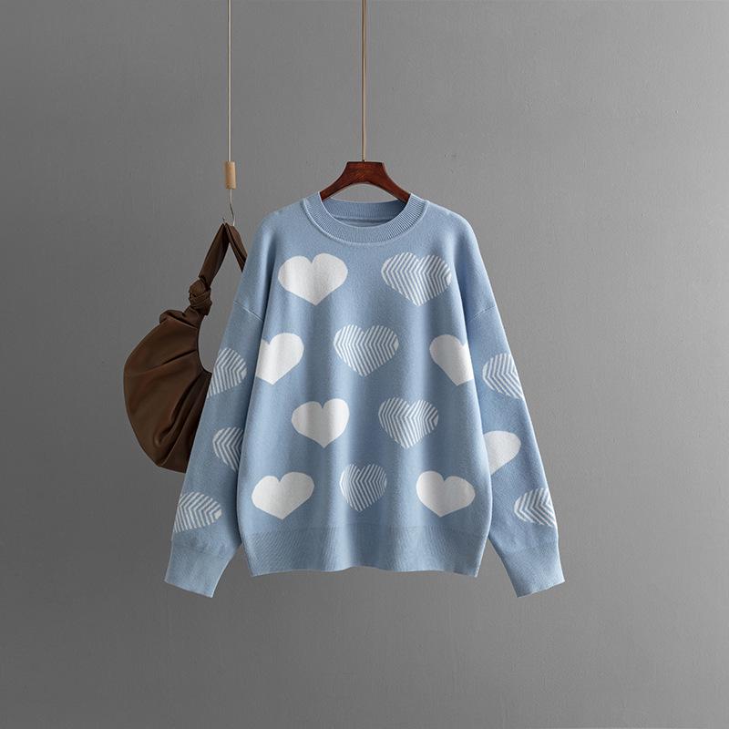 2024 Autumn/Winter Heart Jacquard Plus Size Loose Knit Pullover Sweater for Women