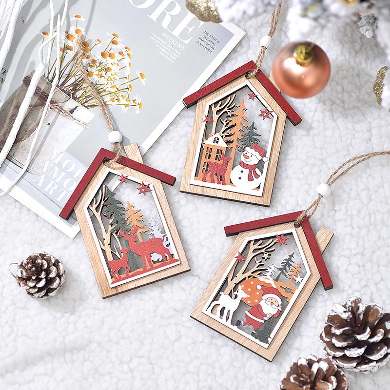 Christmas Decoration, Christmas Tree, Old Man, Snowman, Deer, Wooden, Hollow Out, House Pendant, Wooden, Printed Christmas Tree Pendant