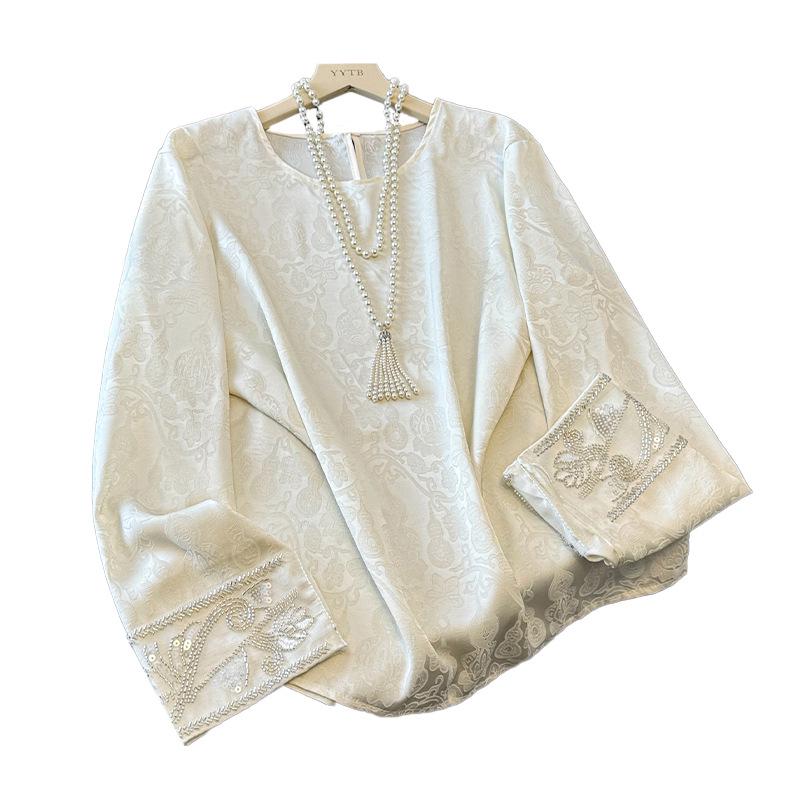 Women's Chinese Style Jacquard Embroidery Satin Shirt - Loose Fit, Round Neck