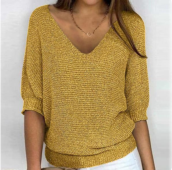 2026 Women's Solid Color Round Neck Knitwear Three-Quarter Sleeve Top