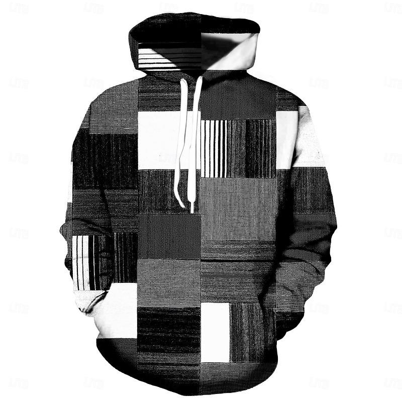 New Men's Graphic Plaid Color Block 3D Hoodies Sweatshirt Outdoor Long Sleeve Tracksuit Casual Sports Training Jogging Pullovers
