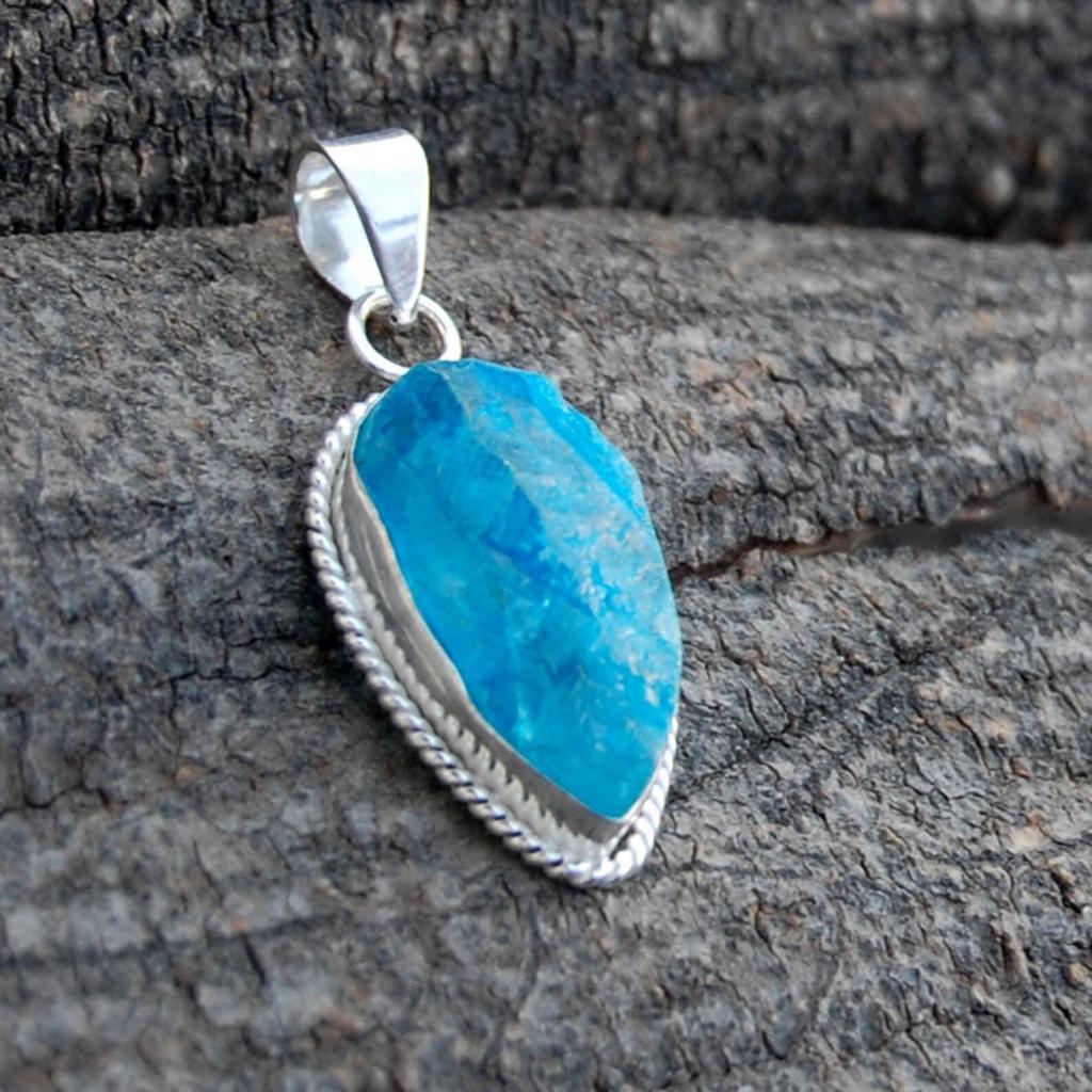 Rough Pear Blue Apatite Druzy Sterling Silver Pendant (45x18mm)