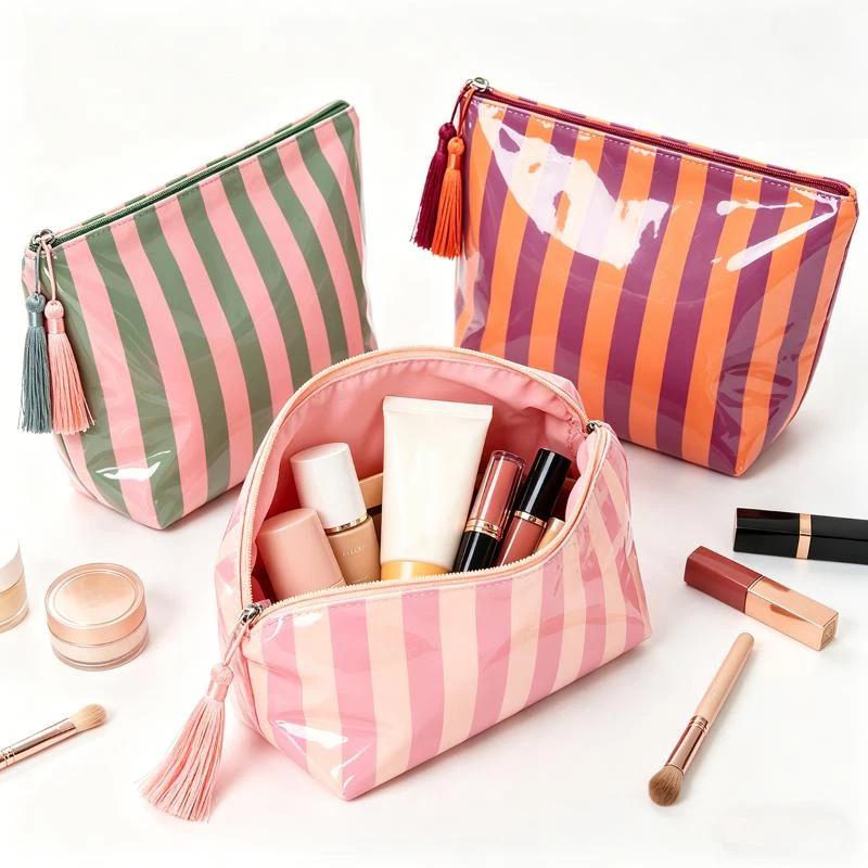 Glossy Striped Cosmetic Organizer Portable Fringed Travel Toiletry Bag Makeup Bag Pvc Waterproof Cosmetic Bag Makeup Brush Bag