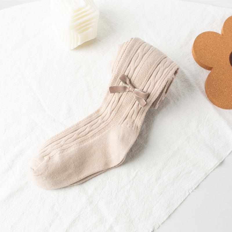 Khmer Cotton Tights for Children - Large Cable Knit, Open Crotch with Bowknot Style, Dual-Use Base Layer Pants for Toddlers and Girls
