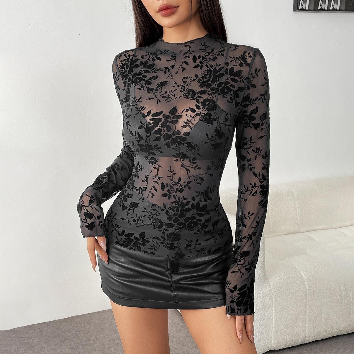 women s Sheer Mesh Floral Flocked Print High Neck Long Sleeve Slim Fit See Through Layering Blouse Top S