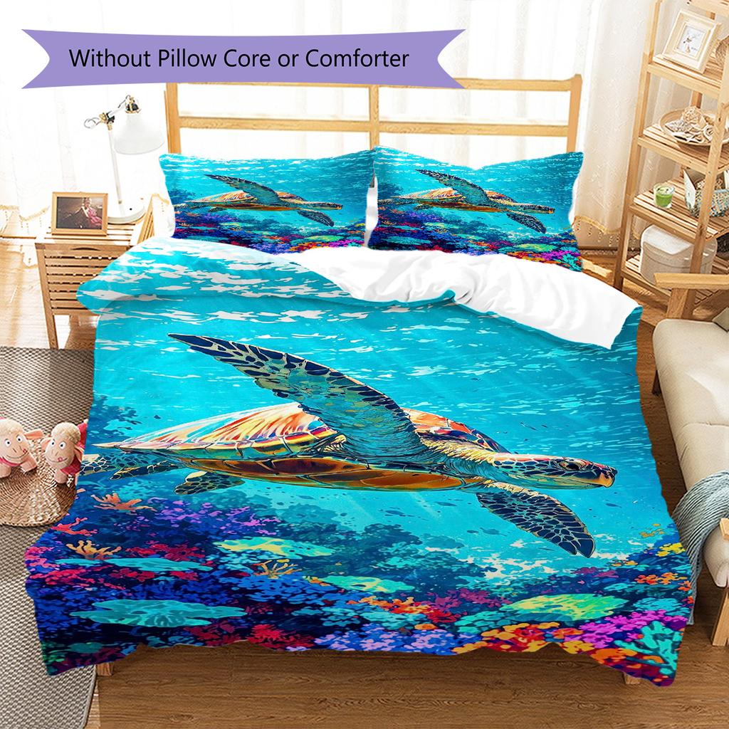Colorful Sea Turtle Pattern Bedding Set Quilt Cover Pillowcase Home Decor Gift (1 * Duvet Cover + 2 * Pillowcase, Without Core)