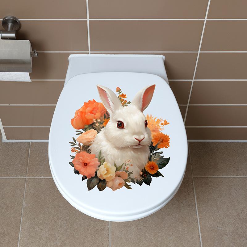 Cute Bunny Flower Toilet Stickers, Waterproof Removable Decals for Bathroom Restroom Decor, Self-Adhesive