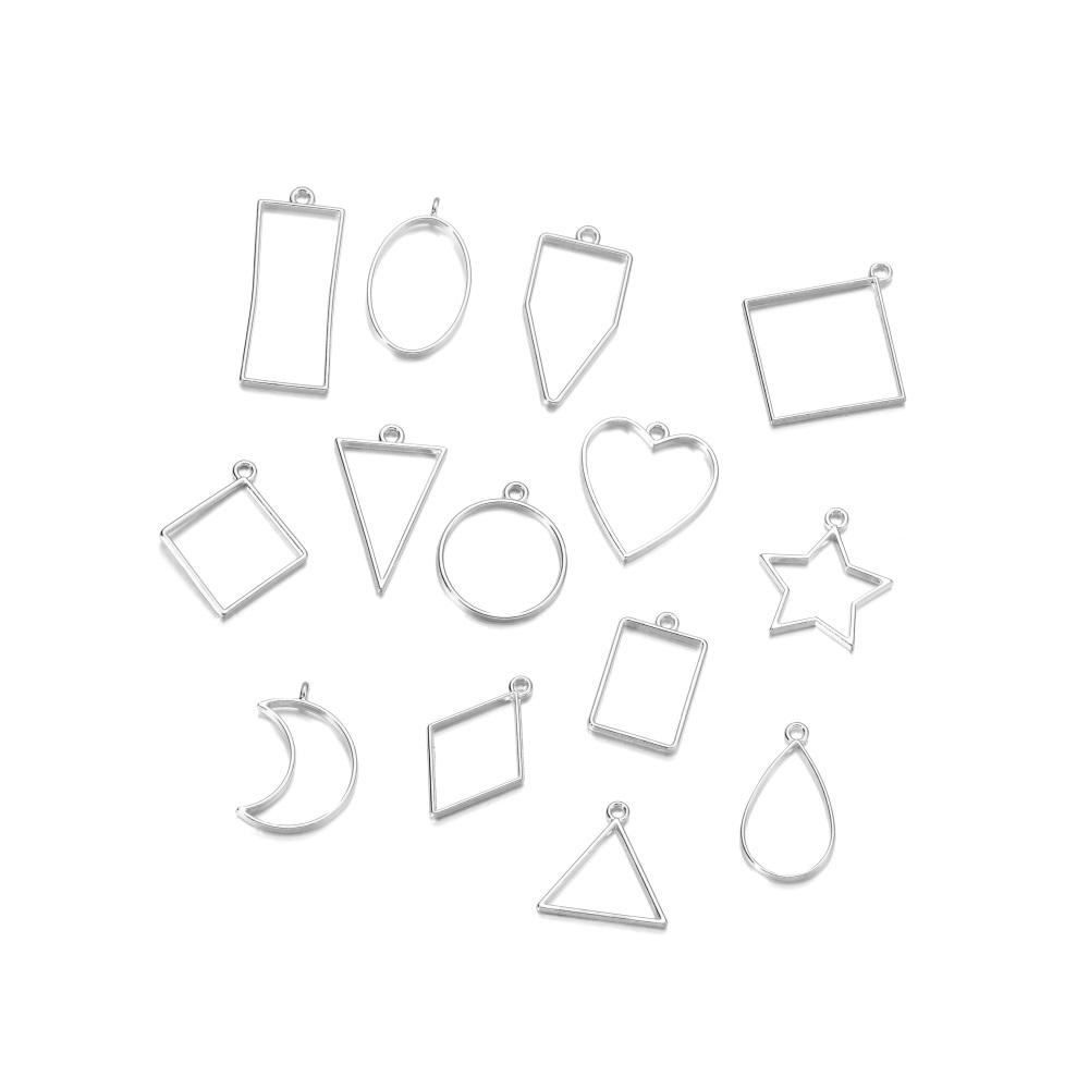 14Pcs/Lot Mixed Style Geometric Hollow Metal Frame Pendant for DIY Epoxy Resin Necklace Pendant Jewelry Making Accessories