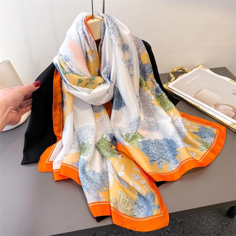 Koreanische Dünne Bedruckte Schals Damen Imitationsseide Brokat Sonnenschutz Schals Frühling Herbst Langer Schal Wickeltücher Weiblich Neu