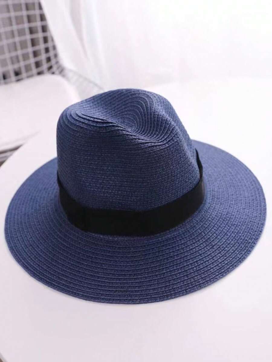 Zealous Sole Women's Black Unisex Panama Hat With Flat Top And Wide Brim Straw Sun Hat For Summer