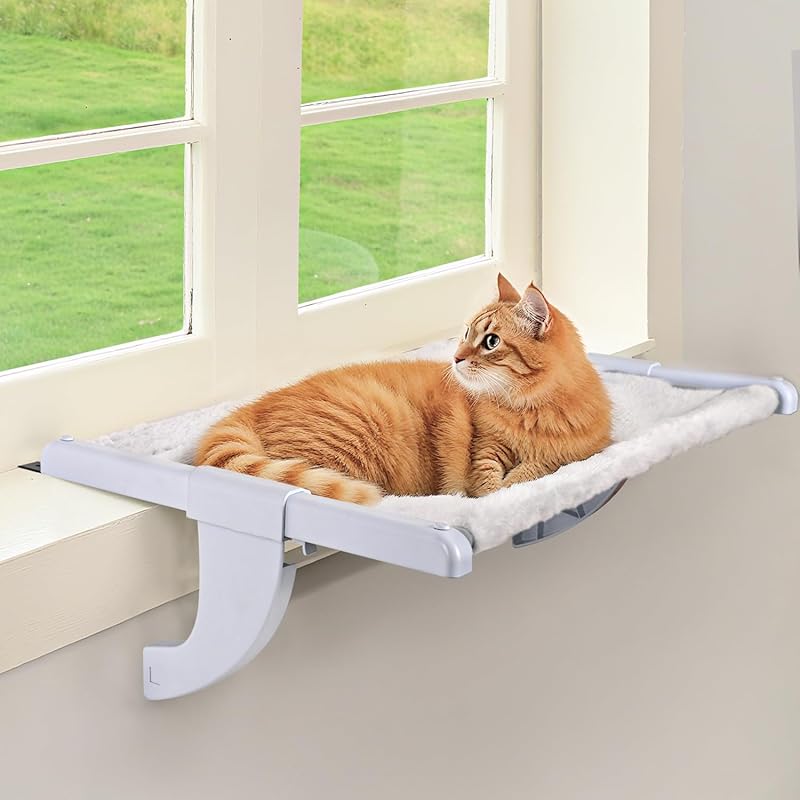 Window Sill Mount Cat Perch for Indoor Cats, One-Step Sliding Clamping Slot Adjustment Cat Hammock with Washable Cover, No Suction Cups Pet Bed for