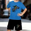 Boys 2 Piece Motorcycle Print Outfit, Short Sleeve T-Shirt and Shorts Set for Kids Age 5-14,Black and White Sporty Casual Summer Clothes