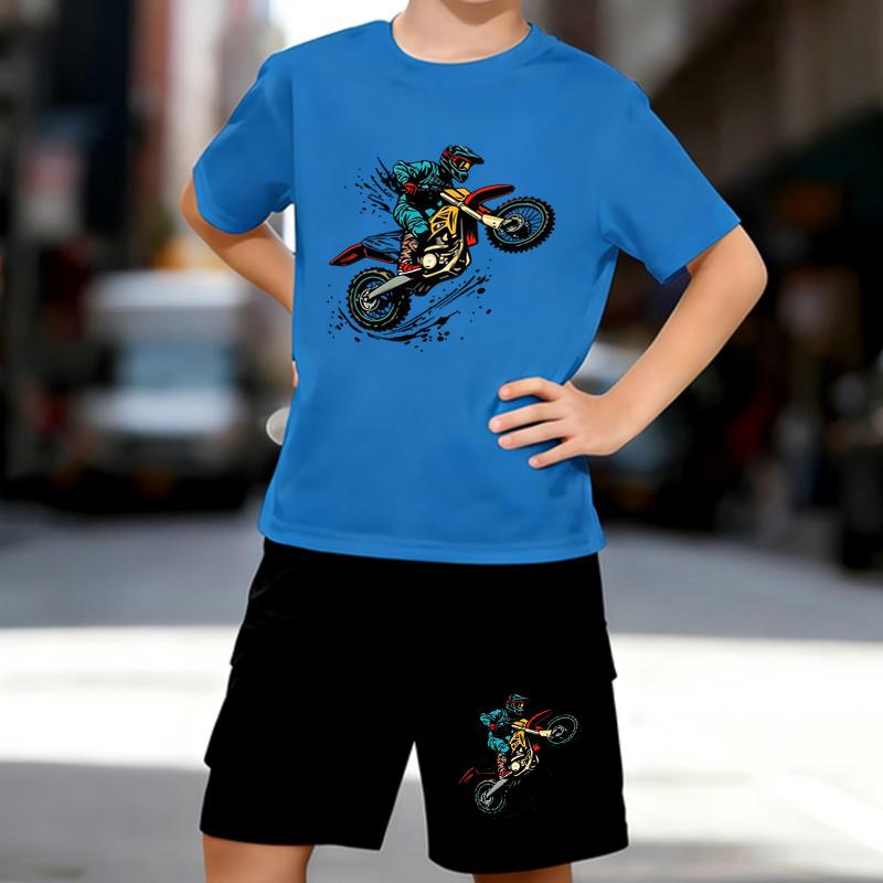 Boys 2 Piece Motorcycle Print Outfit, Short Sleeve T-Shirt and Shorts Set for Kids Age 5-14,Black and White Sporty Casual Summer Clothes