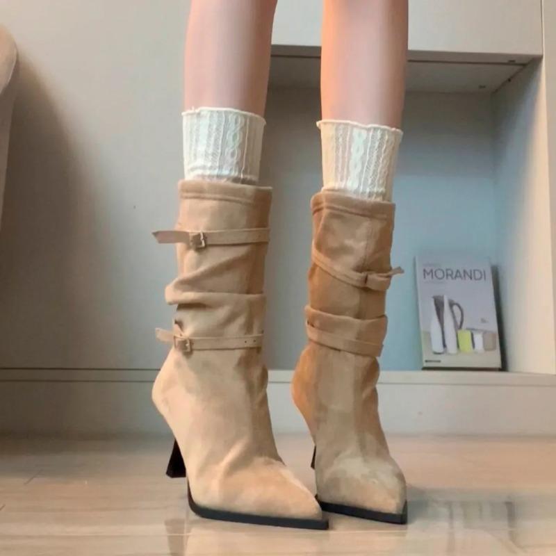 Fashionable Sharp Pointed Toe Thin Heel Mid-Calf Boot Women's Velvet Surface French Style High Heels Shoes Slim Short Boot Women