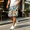 Men Corduroy Drawstring Shorts with Letter Print Relaxed Fit Hawaiian Style Floral Patterned Lightweight Pants