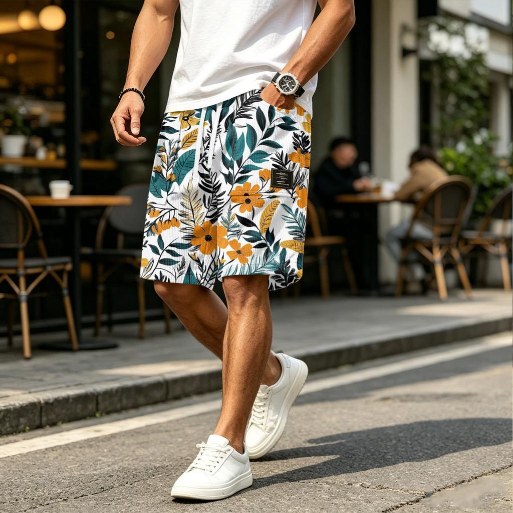 Men Corduroy Drawstring Shorts with Letter Print Relaxed Fit Hawaiian Style Floral Patterned Lightweight Pants