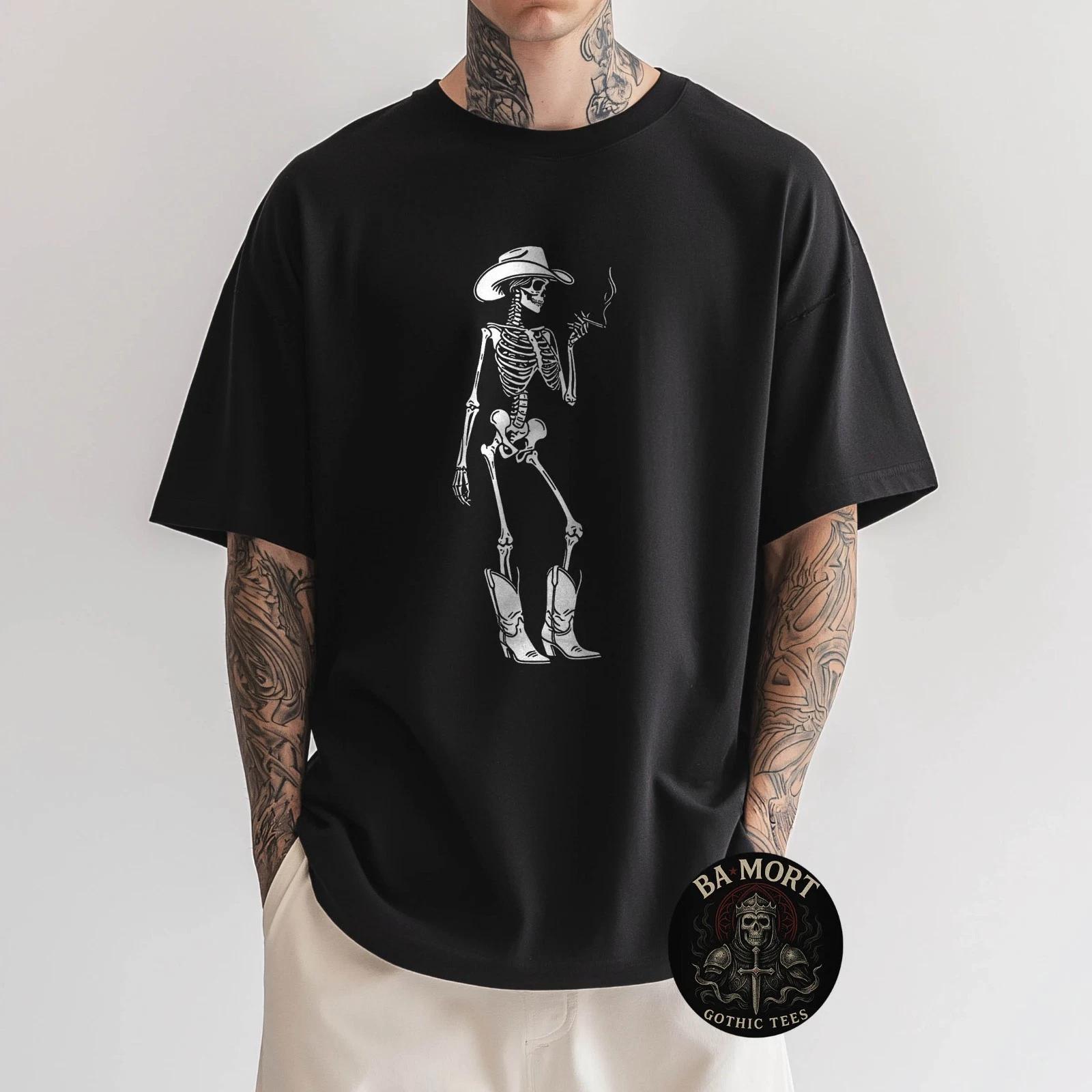 Skeleton Cowgirl Smoking Western Gothic Dark Grunge Goth 100% Cotton T-shirt Mens Tees Top 3XL
