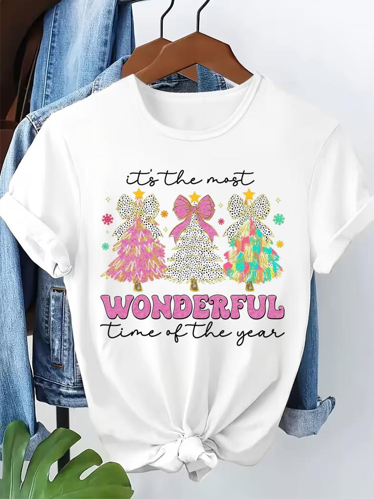 (Asian Size) Leopard Tree Cute 90s T Shirt Print Fashion Merry Christmas Women's Top Short Sleeve T-shirts O-neck Casual New Year Clothing Graphic Tee