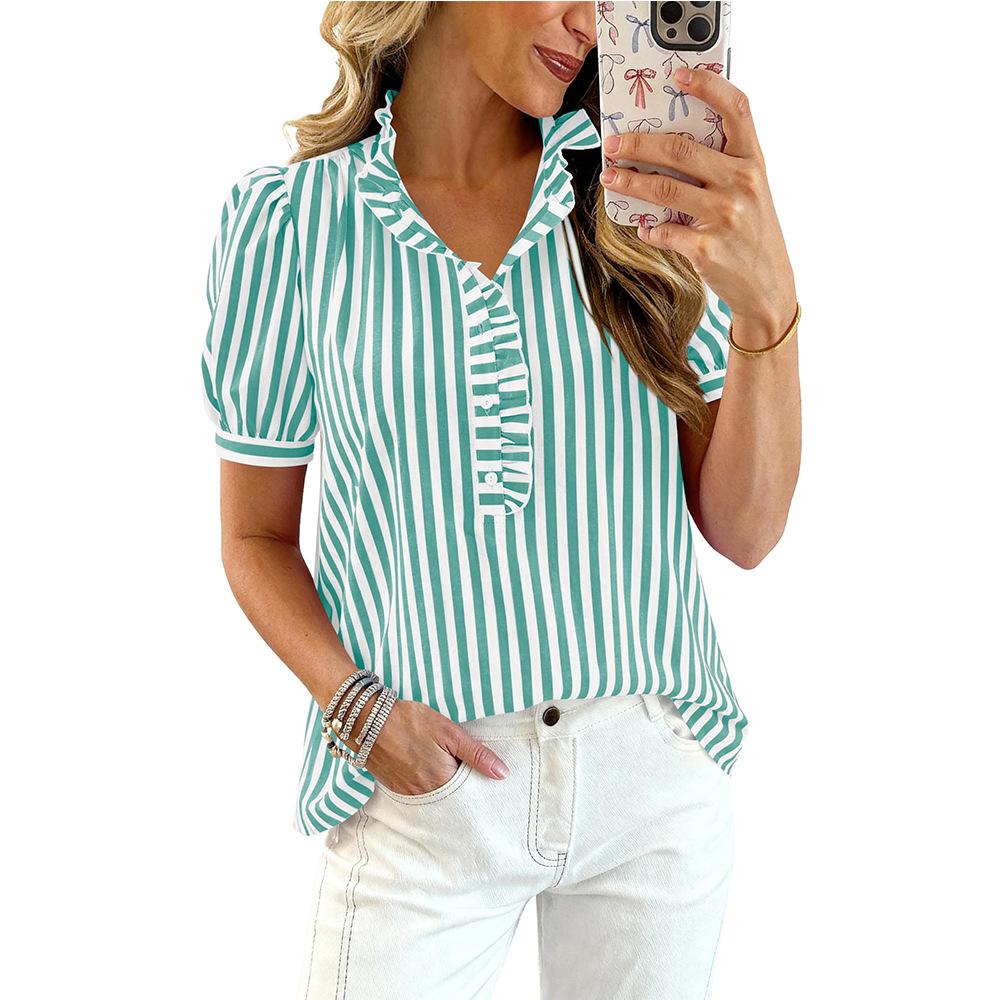 Summer New Casual Button Puffed Sleeve Commuter Striped Shirt