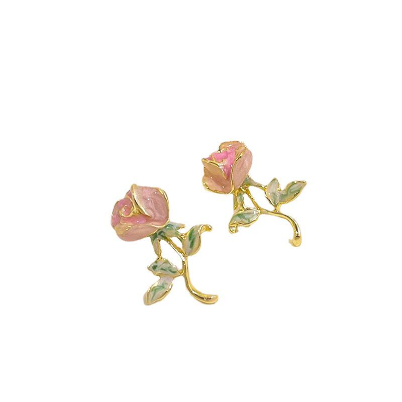 925 Silver Needle Pink Rose Stud Earrings, Mori Style Floral Design for Women