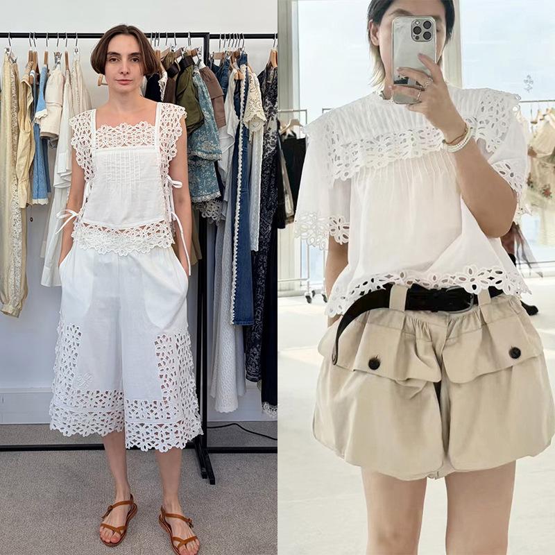 2026 French Niche White Lace-Up Flutter Sleeve Top & Loose Mid-Length Pants Set