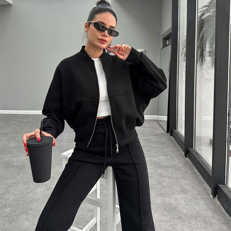 Autumn/Winter Women's Fleece-Lined Zipper Cardigan & Solid Color Straight-Leg Pants Set