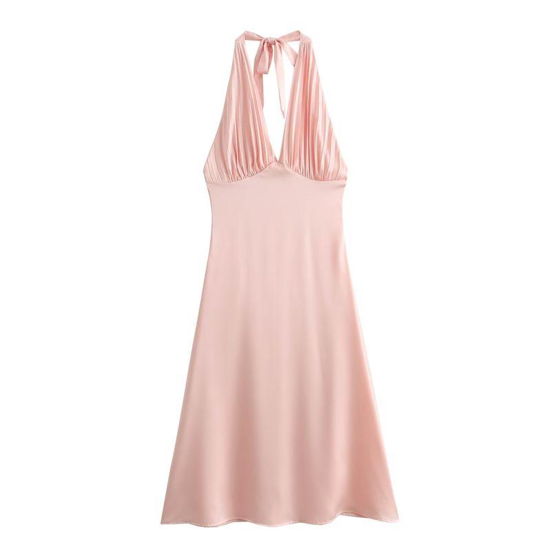 

Kaslead New Arrival Women s Clothing Fashion Style Vintage Crumpled Slim Fit Backless Silk Satin Texture Halterneck Dress Orange pink L