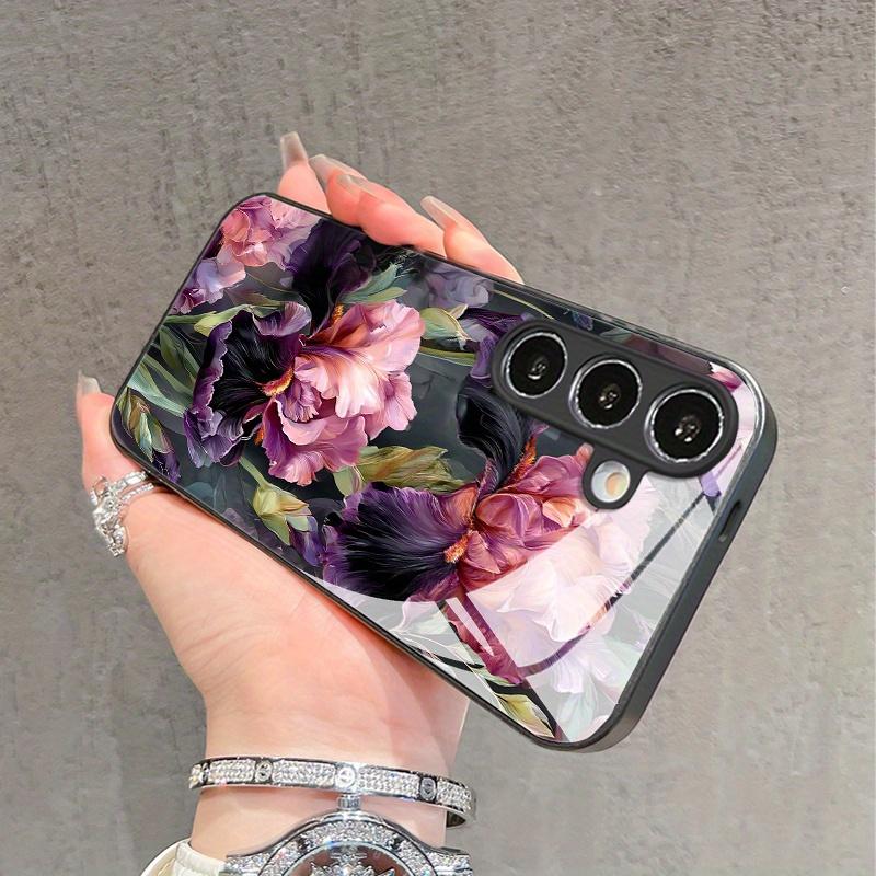 Purple Charm Peony Garden Pattern Tempered Glass Phone Case Suitable for Samsung Galaxy S26 S25 S24 S22 S21 S20 FE/Ultra/Plus