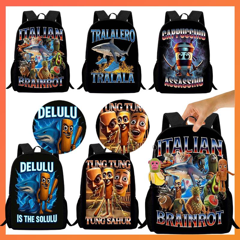 Portable Italian Brainrot Backpack Shoulders Bag Large Capacity Cartoon School Bag Printed Tung Tung Saur Tralala Bag For Kid
