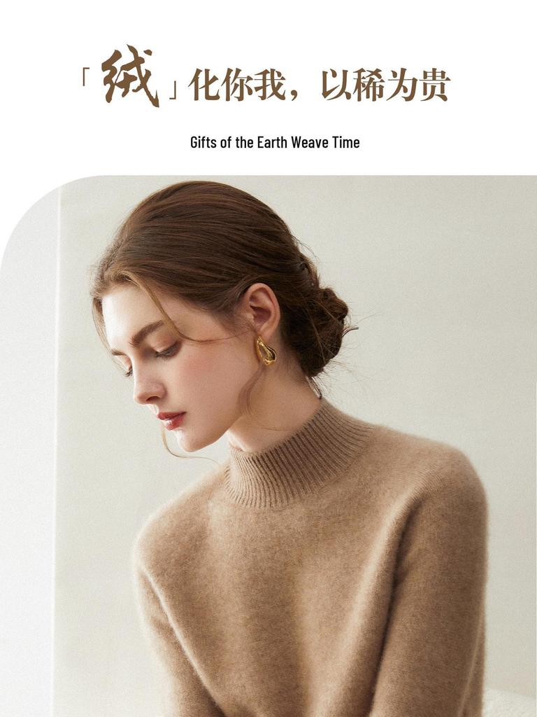 Women's 100% Cashmere Raglan Sleeve Sweater - Half-High Neck Knitted Pullover for Autumn & Winter