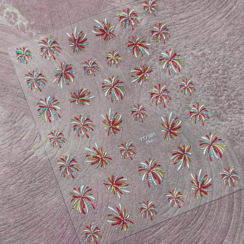 Fireworks Nail Stickers Rainbow Laser Silver Pink Blooming Firework New Year Celebration Nail Art Decals Decoration