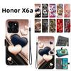 Handmade PU Leather Flip Case for Honor X6a Anti-Slip Shockproof Cover with Wrist Strap & Heart/Rose Cat Designs