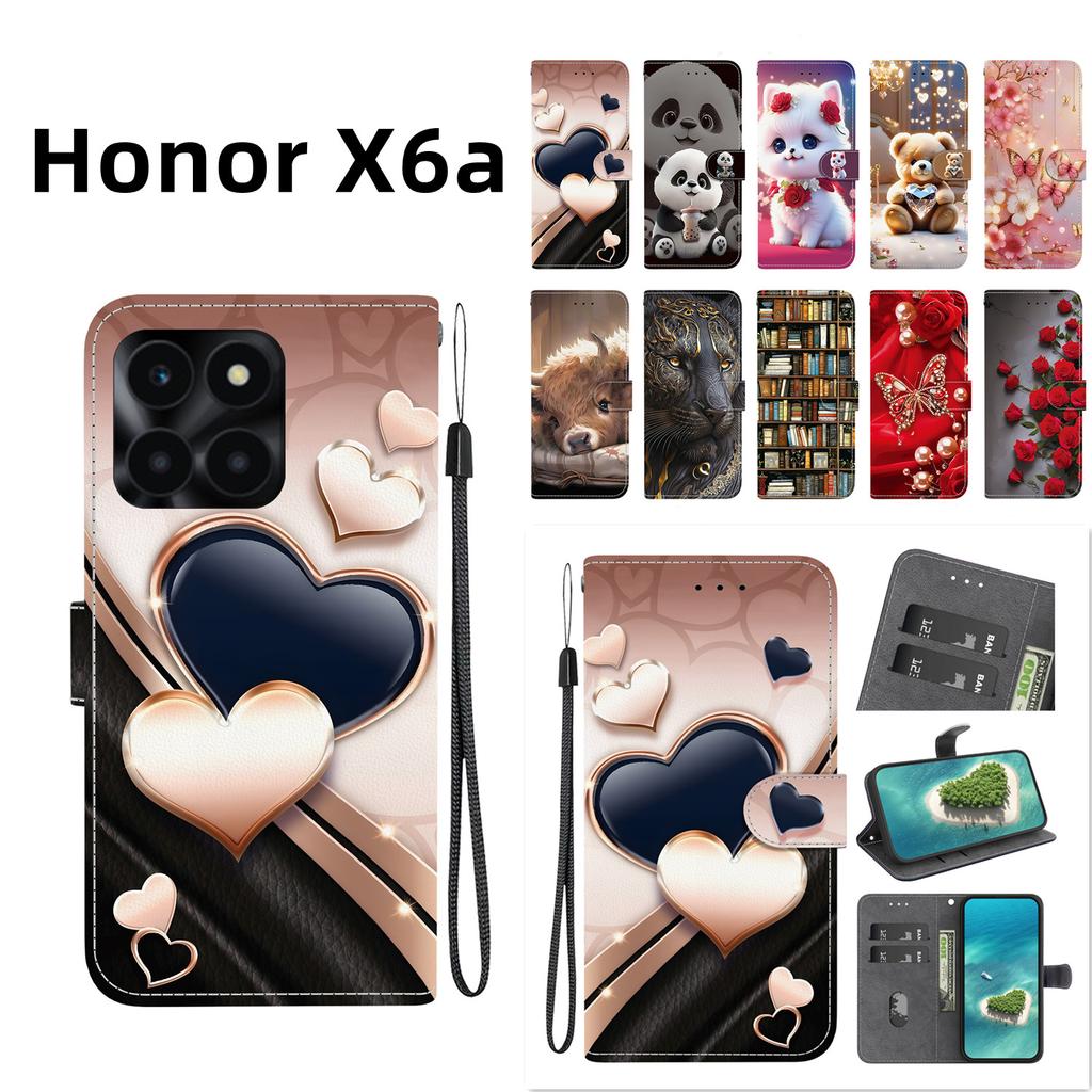 Handmade PU Leather Flip Case for Honor X6a Anti-Slip Shockproof Cover with Wrist Strap & Heart/Rose Cat Designs