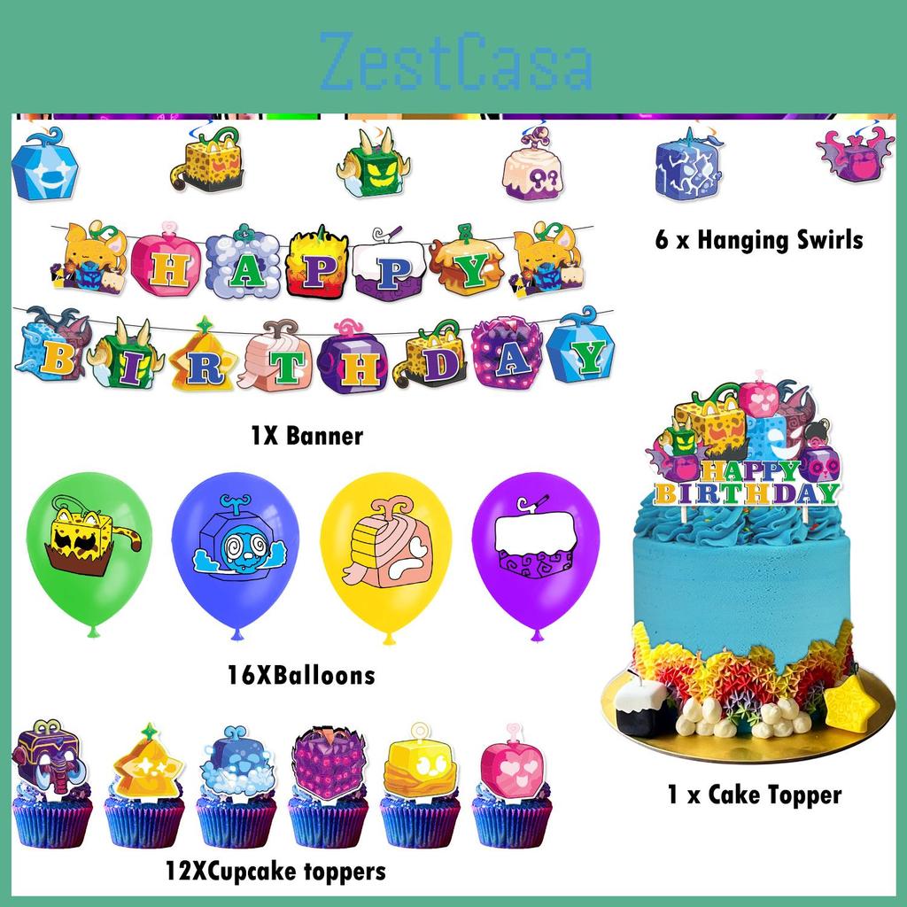 Blox Fruits Cartoon Theme Birthday Party Decorations Set Flags Balloons Cake Toppers
