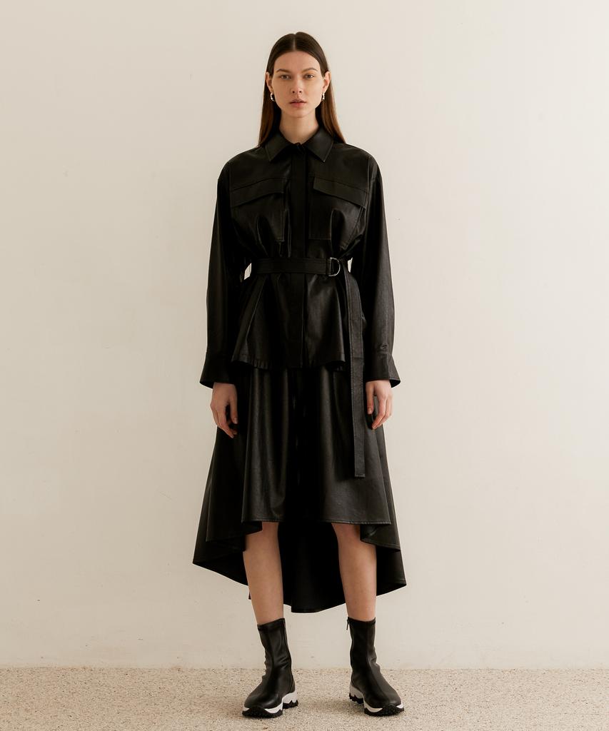 Modern Able Long Flare Artificial Leather Skirt - Black