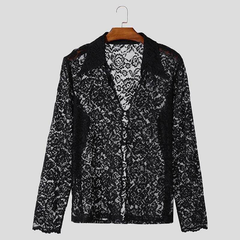 

INCERUN Мужские кружевные топы с длинным рукавом, сетчатые прозрачные футболки с отверстиями 5XL чёрный