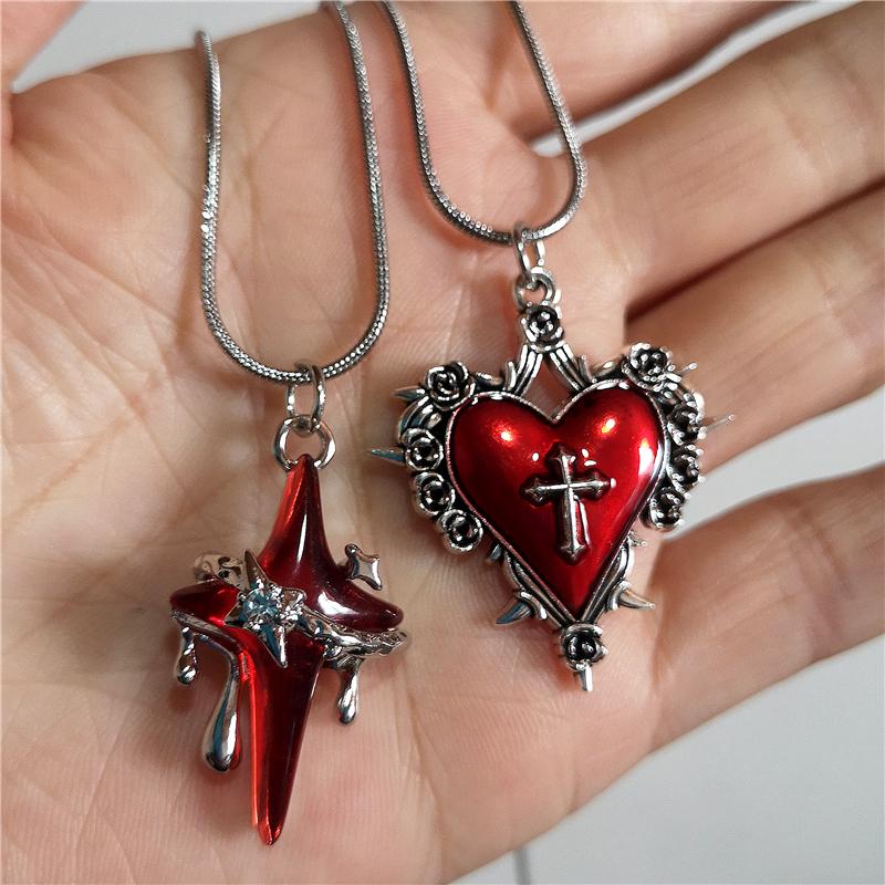 Gothic Trendy Y2K Red  Heart Cross StarPendent Snake Chain Choker Necklace For Women Men Punk Vintage Grunge Aesthetic Jewelry