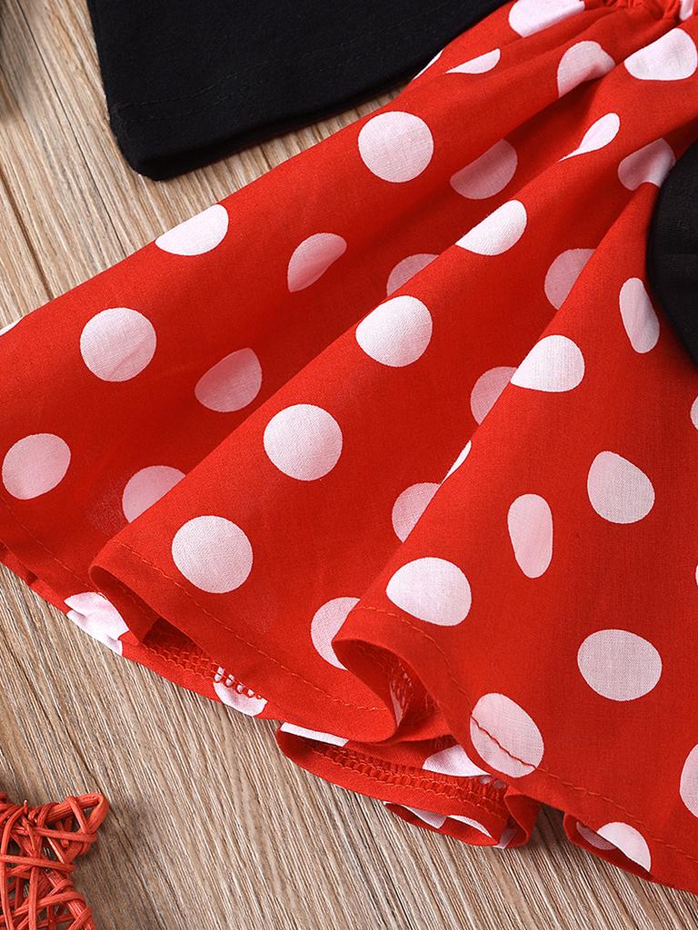 Kids Girls 3 Piece Outfit Long Sleeve Top with Flutter Sleeves Polka Dot Dress and Bow Headband Spring Autumn Set