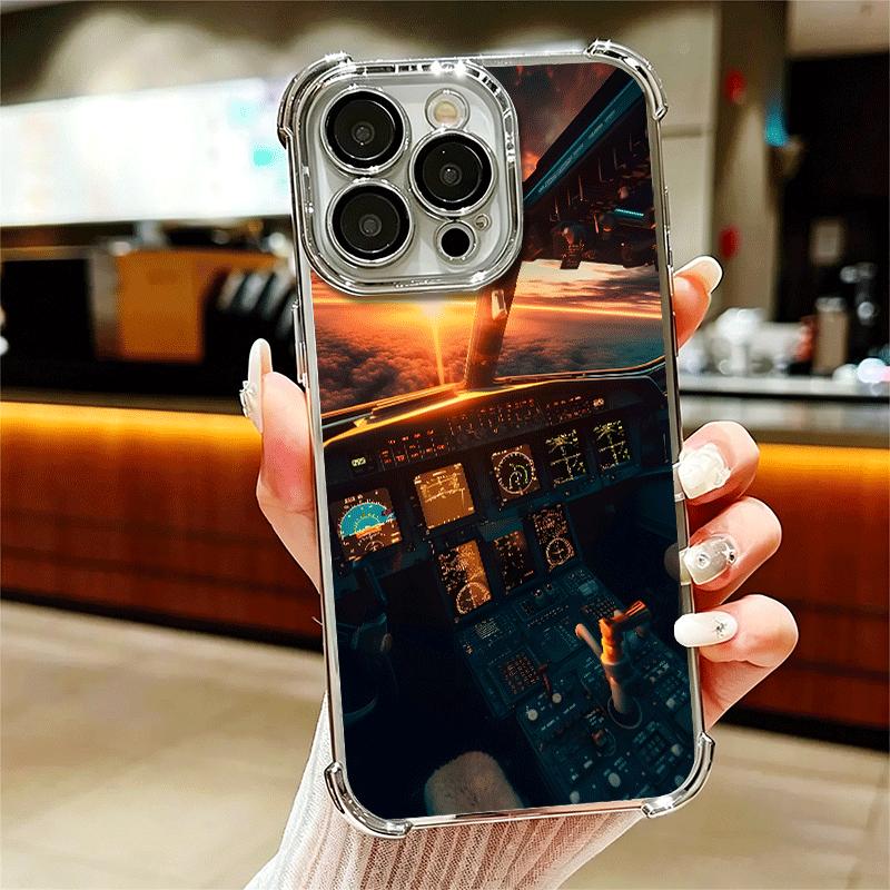 Aviation Aeroplane Pilot Cockpit Plating Phone Case For Iphone 16 17 Pro Max Air 16E 14 15 Plus 12 13 Mini Anti-Fall Airabag Cov