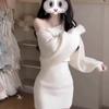 White One-word Shoulder Long-sleeved Dress Women's Spring French High-end Hot Diamond Knitted Hip Wrap and Thin Short Skirt