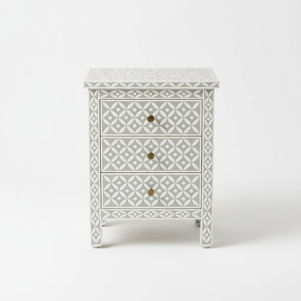 India Bone Inlay 3-Drawer Bedside Table Gray & White Geometric Design Bone Inlay Nightstand with Floral Pattern,Bone Cabinet Desk Dressers
